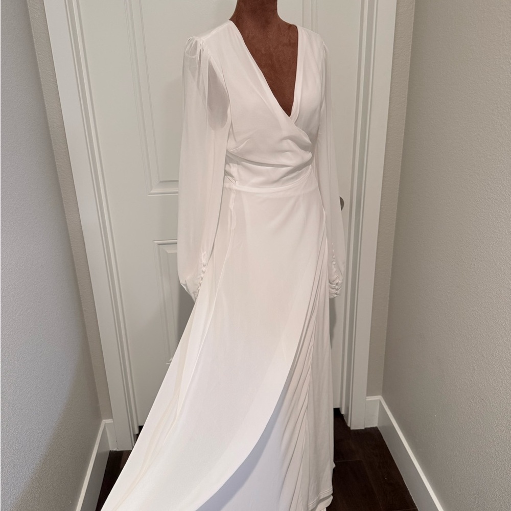 Lulus White Long Sleeve Wrap Maxi Dress – Bridal Wedding Elopement Gown Size L - Picture 4 of 14